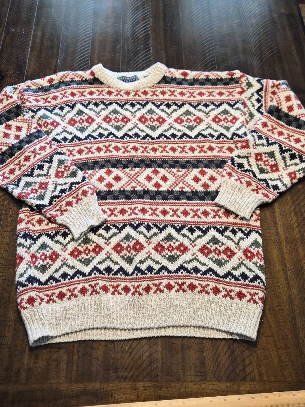 Claybrooke Outdoors Sweater Mens L Fair Isle Crewneck Red Knit USA VTG 90S G892